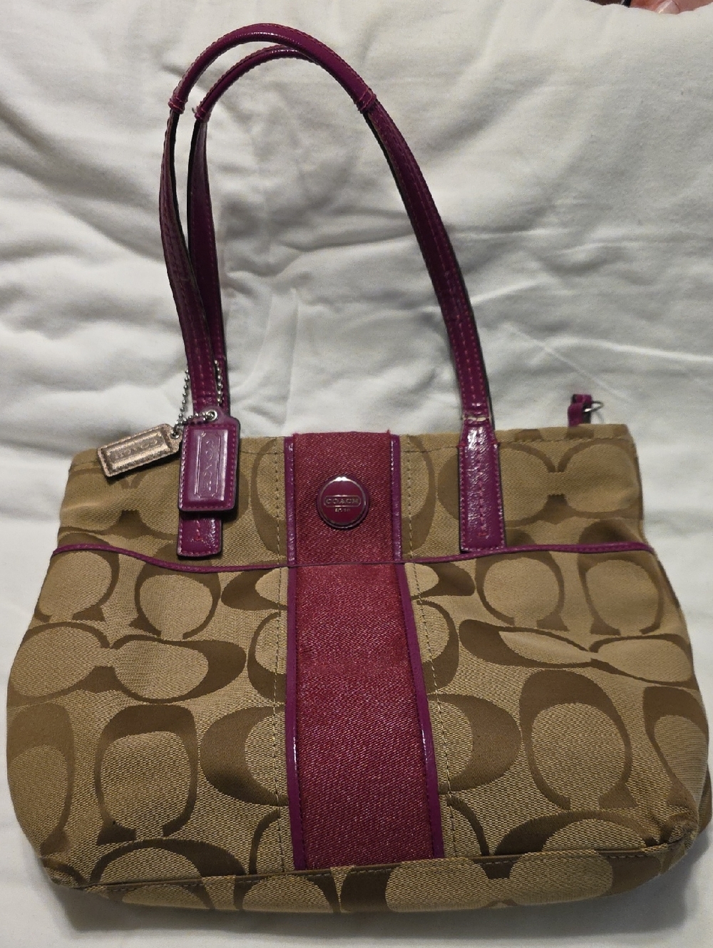 Coach Brown Signature Tote with Raspberry Trim